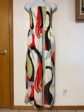 Y2K Smocked Chiffon Stripe Printed Strapless Boho Maxi Summer Dress  fits L tall